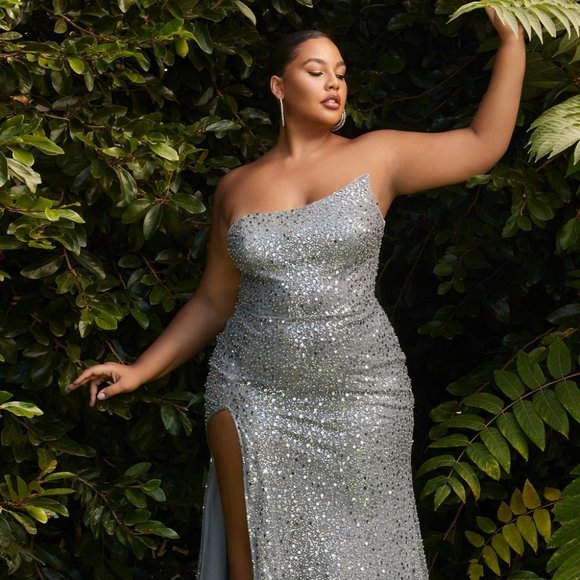 NEW LONG OFF THE SHOULDER STRAPLESS ASYMETRICAL CURVY FIT SEQUIN GOWN CD  CH165C